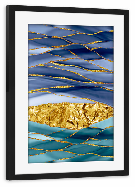 Poster mit Rahmen schwarz "Blue And Gold Marbled Landscape" artboxONE - Abstrakt,Marmor - Marbled,Goldfolie,Agate,Marble,Gold,Marmor,Abstract,Abstrakt