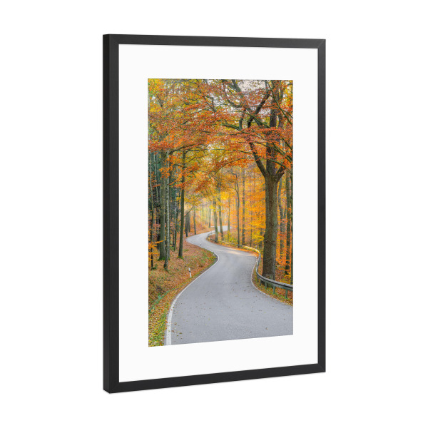 Poster mit Rahmen Schwarz (Metallic) "Straße durch den Herbstwald" artboxONE - Natur,Reise,Automobile