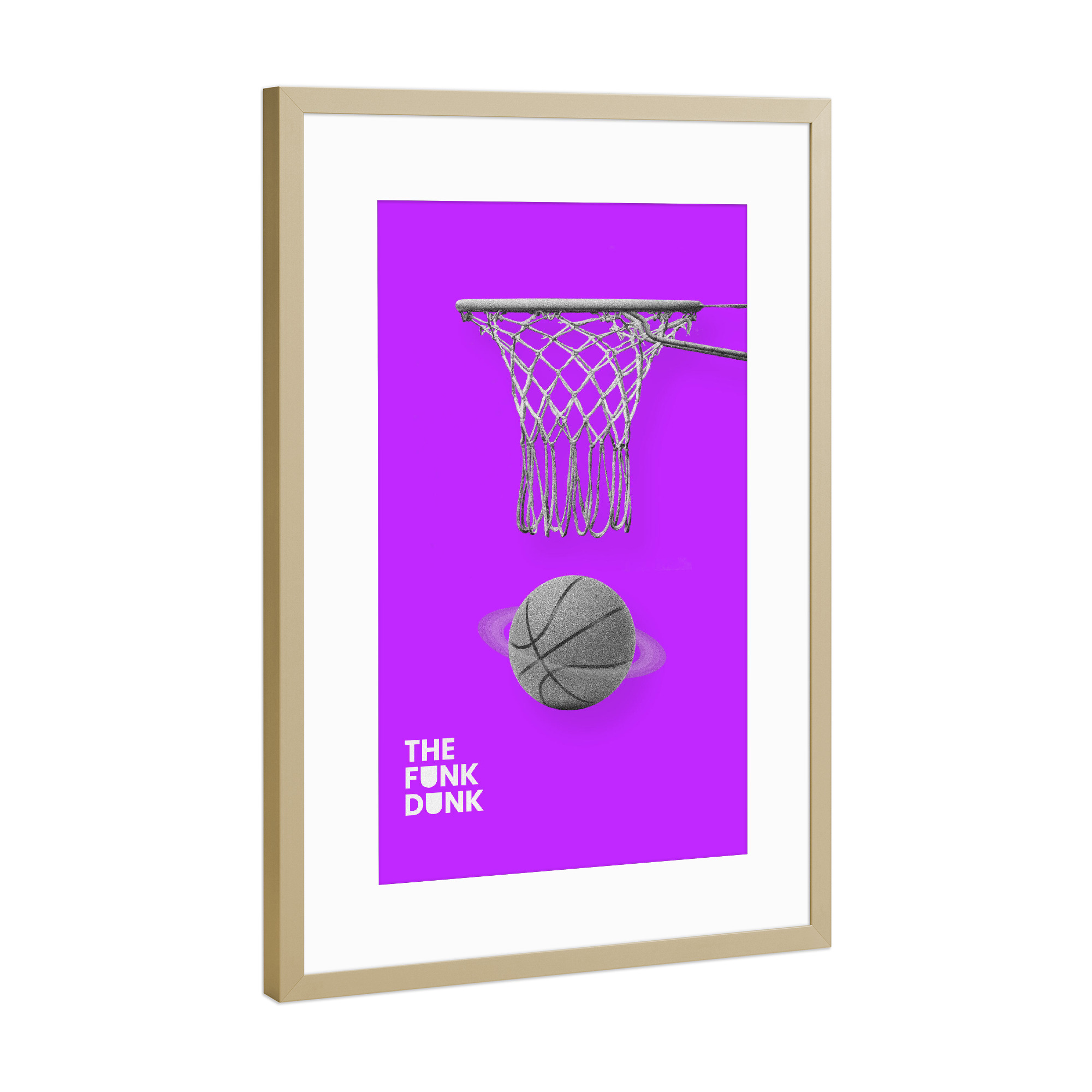 Poster mit Rahmen Gold "THE FUNK DUNK" artboxONE - Abstrakt,Sport,Galaxy - Basketball,Sport,Ball,Funny,Lila,Space,Space jam,Funky,Korb