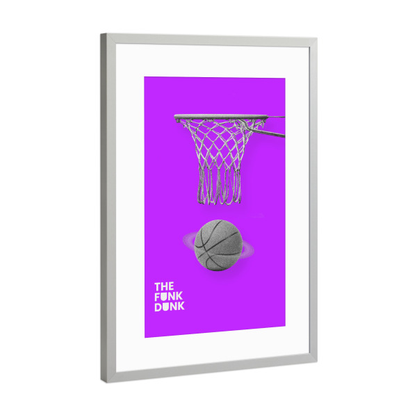Poster mit Rahmen Silber "THE FUNK DUNK" artboxONE - Abstrakt,Sport,Galaxy - Basketball,Sport,Ball,Funny,Lila,Space,Space jam,Funky,Korb