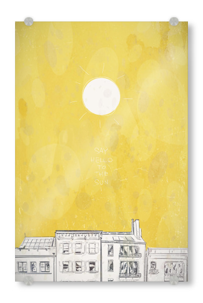 Acrylglasbild "HELLO SUN" artboxONE - Städte,Architektur,Streetart - Fenster,Dach,Skizze,Sonne,Aquarell,Zeichnung,Haus,Gebäude,Himmel,Bau