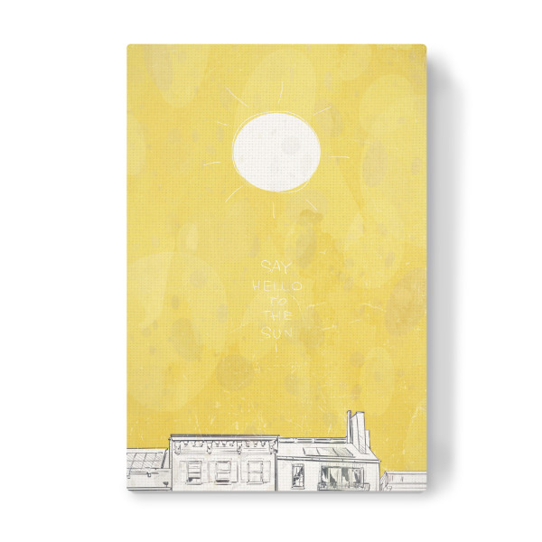 Leinwandbild "HELLO SUN" artboxONE - Städte,Architektur,Streetart - Fenster,Dach,Skizze,Sonne,Aquarell,Zeichnung,Haus,Gebäude,Himmel,Bau