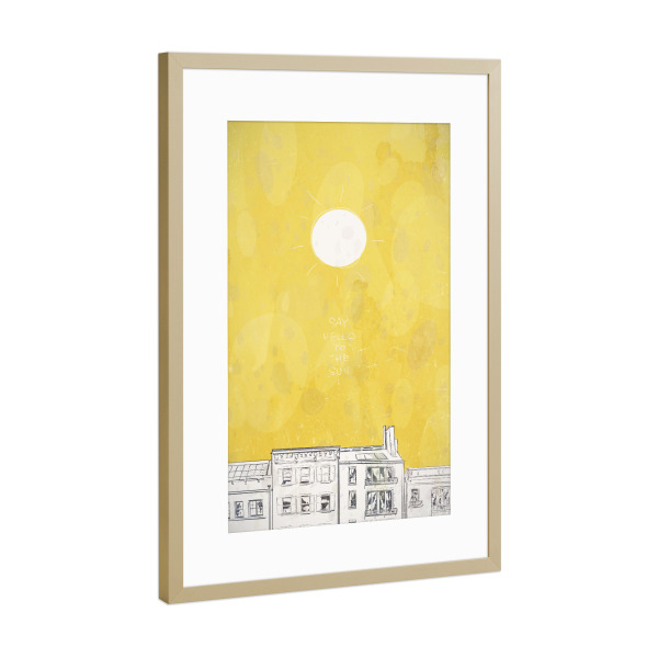Poster mit Rahmen Gold "HELLO SUN" artboxONE - Städte,Architektur,Streetart - Fenster,Dach,Skizze,Sonne,Aquarell,Zeichnung,Haus,Gebäude,Himmel,Bau