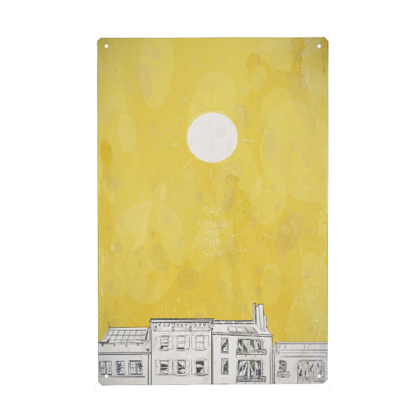 Metall Poster "HELLO SUN" artboxONE - Städte,Architektur,Streetart - Fenster,Dach,Skizze,Sonne,Aquarell,Zeichnung,Haus,Gebäude,Himmel,Bau