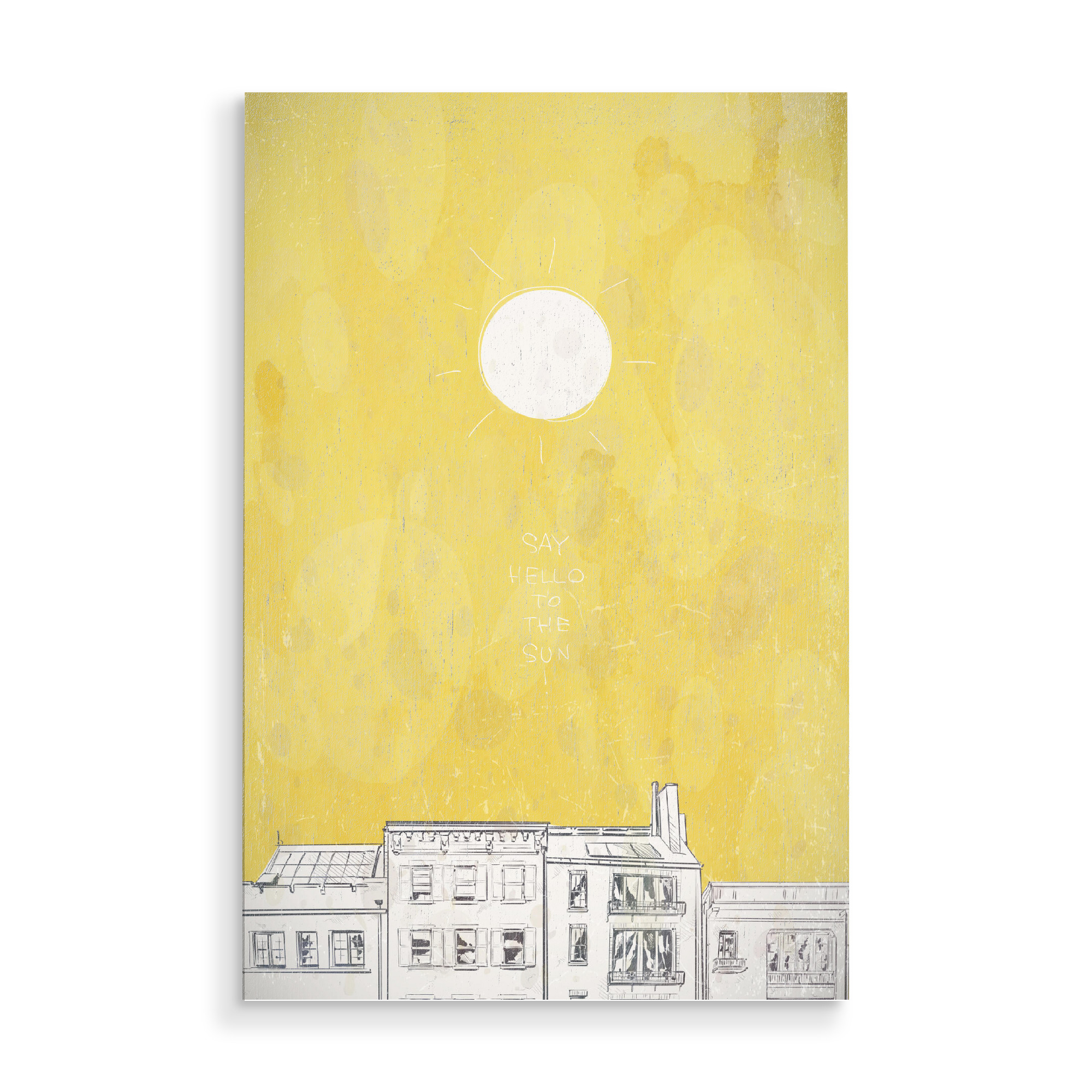 Holzbild "HELLO SUN" artboxONE - Städte,Architektur,Streetart - Fenster,Dach,Skizze,Sonne,Aquarell,Zeichnung,Haus,Gebäude,Himmel,Bau