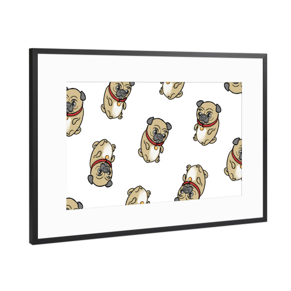 Poster mit Rahmen Schwarz (Metallic) "Möpse Muster weiß" artboxONE - Tiere,Comic,Lustig