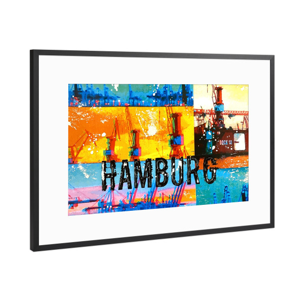Poster mit Rahmen Schwarz (Metallic) "Hamburg Hafen by Night" artboxONE - Städte / Hamburg,Reise,Architektur,Reise / Länder