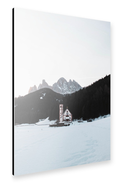 Alu-Dibond "Kleine Kirche mit den Dolomiten" 30x20 cm artboxONE