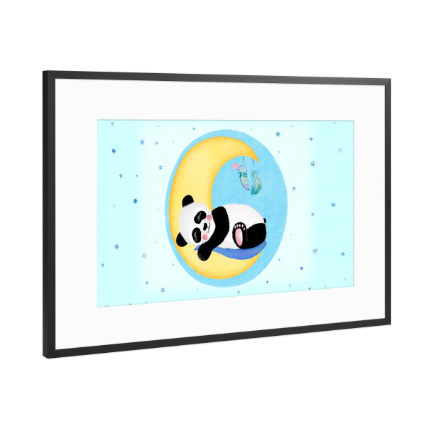 Poster mit Rahmen Schwarz (Metallic) "Pandaboy mit Halbmond" artboxONE - Für Kinder,Tiere,Liebe