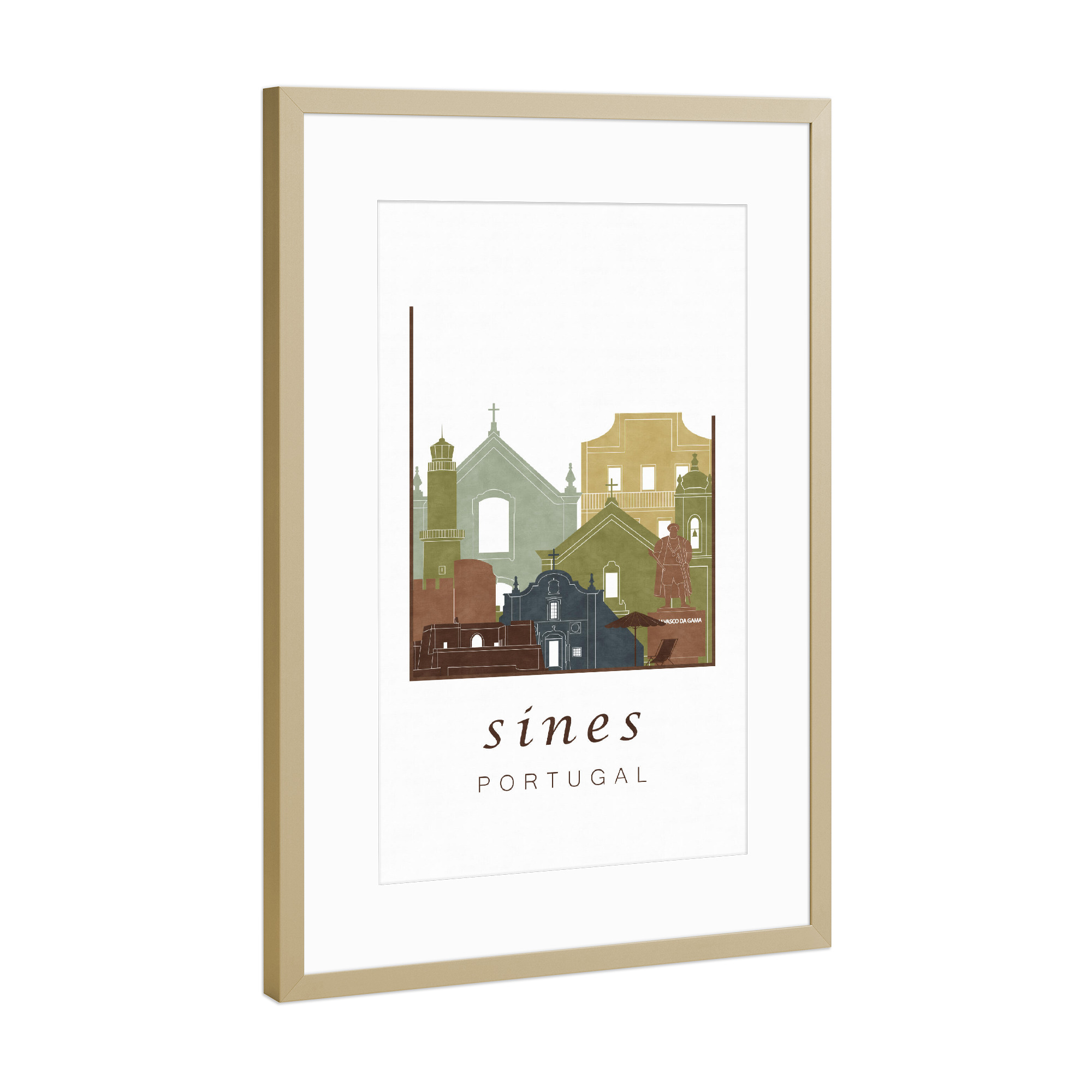 Poster mit Rahmen Gold "Sines skyline light brown" artboxONE - Städte,Reise,Architektur,Kartografie