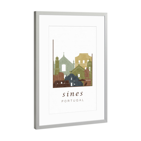 Poster mit Rahmen Silber "Sines skyline light brown" artboxONE - Städte,Reise,Architektur,Kartografie