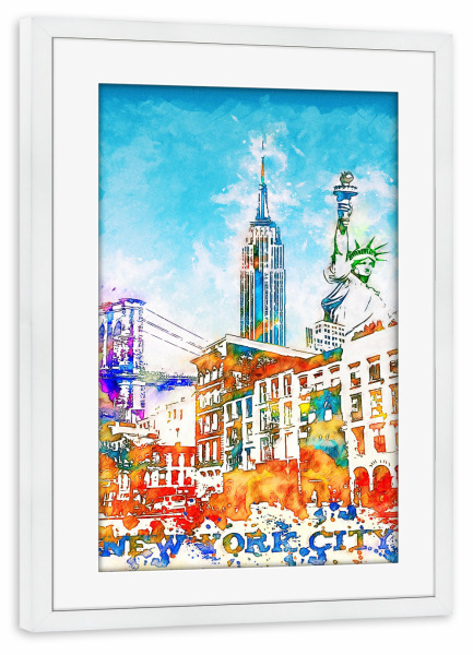 Poster mit Rahmen weiß "New York Collage in bunt" artboxONE - Städte,Städte / New York,Architektur