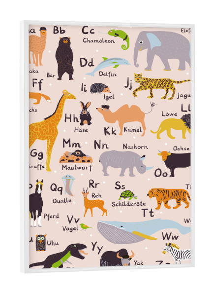 Poster mit weißem Rahmen "ABC Tiere Lernposter Alphabet" artboxONE - Typografie,Natur,Für Kinder,Tiere,Buchstaben