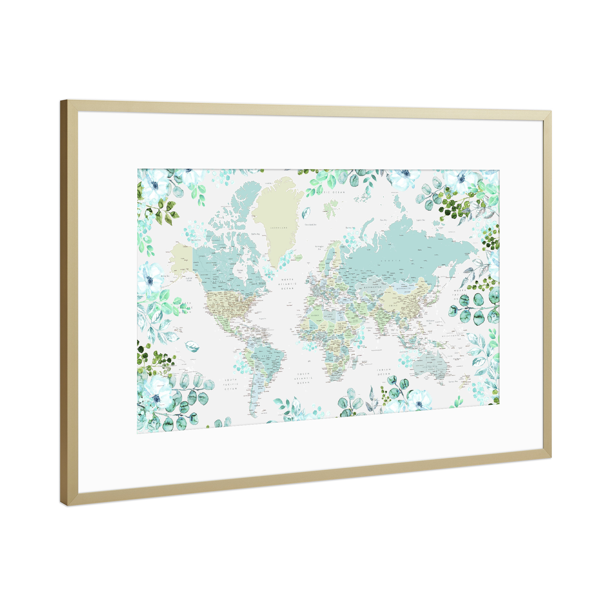 Poster mit Rahmen Gold "Floral detailed world map, Marie" artboxONE - Natur,Reise,Floral,Kartografie