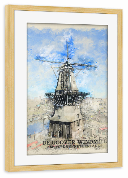 Poster mit Rahmen kiefer "De Gooyer Windmühle Sketch" artboxONE - Architektur