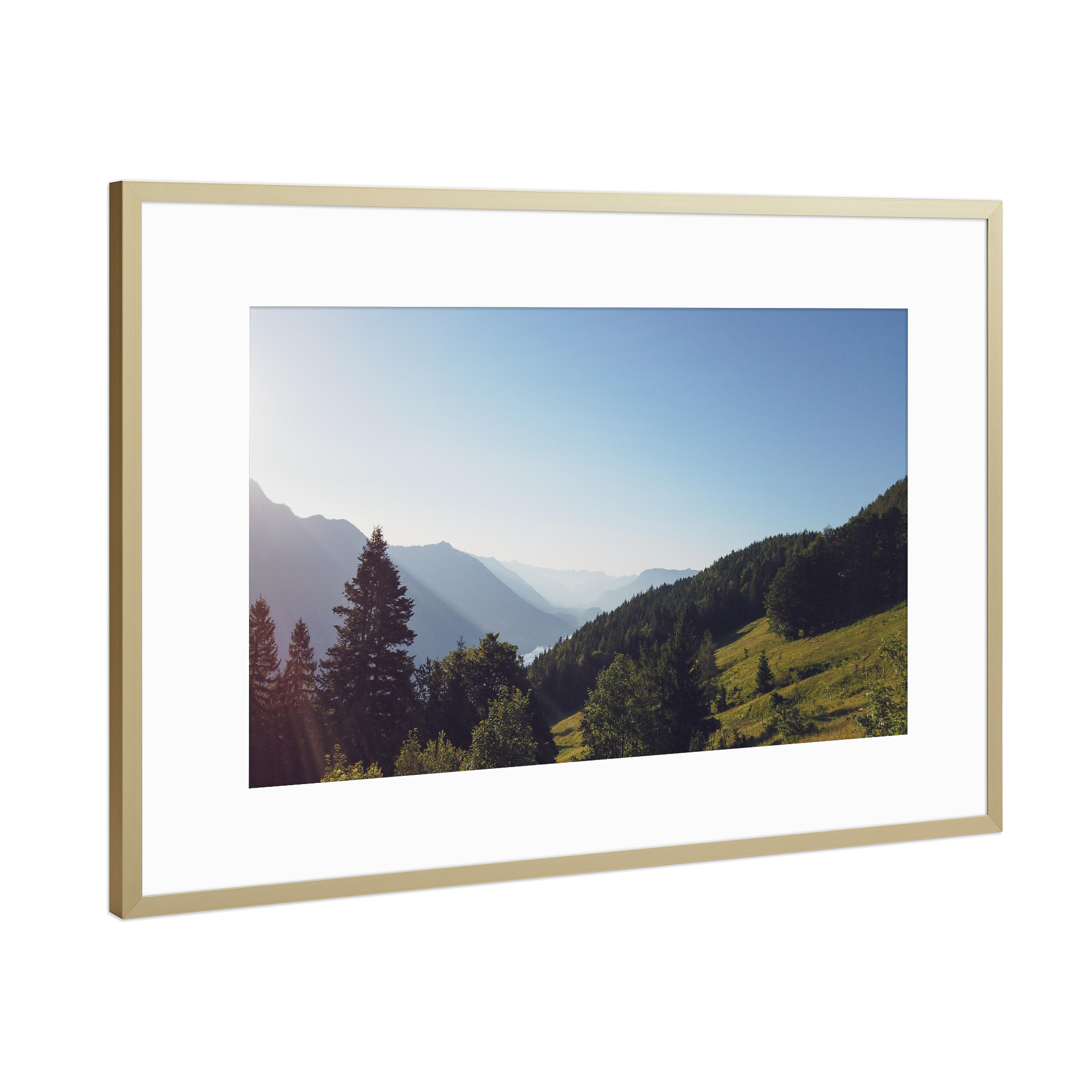Poster mit Rahmen Gold "Morgendliches Bergpanorama" artboxONE - Natur