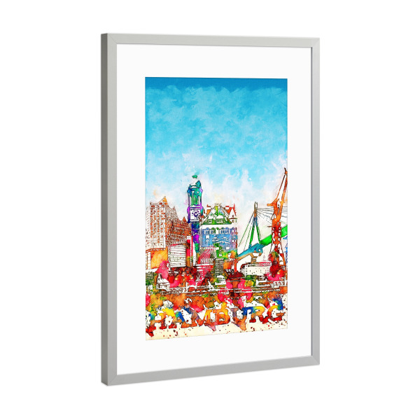 Poster mit Rahmen Silber "Hamburg Collage in bunt" artboxONE - Städte,Städte / Hamburg,Architektur