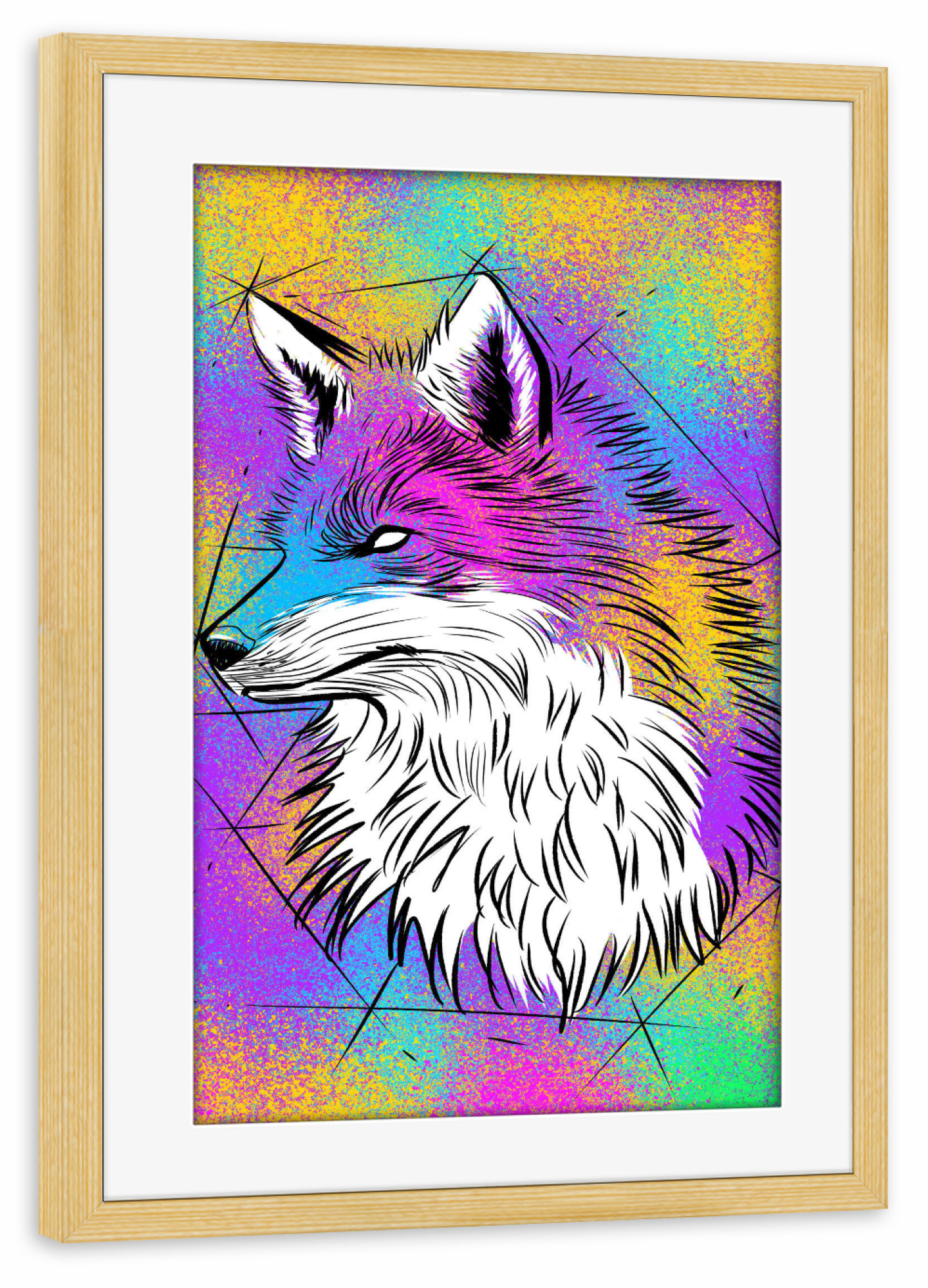 Poster mit Rahmen kiefer "Colorful Fox" artboxONE - Tiere,Comic - Fox,Dog,Nature,Pet,Savage,Wild,Artistic,Fuchs,Comic,Tier,Animal,Portrait
