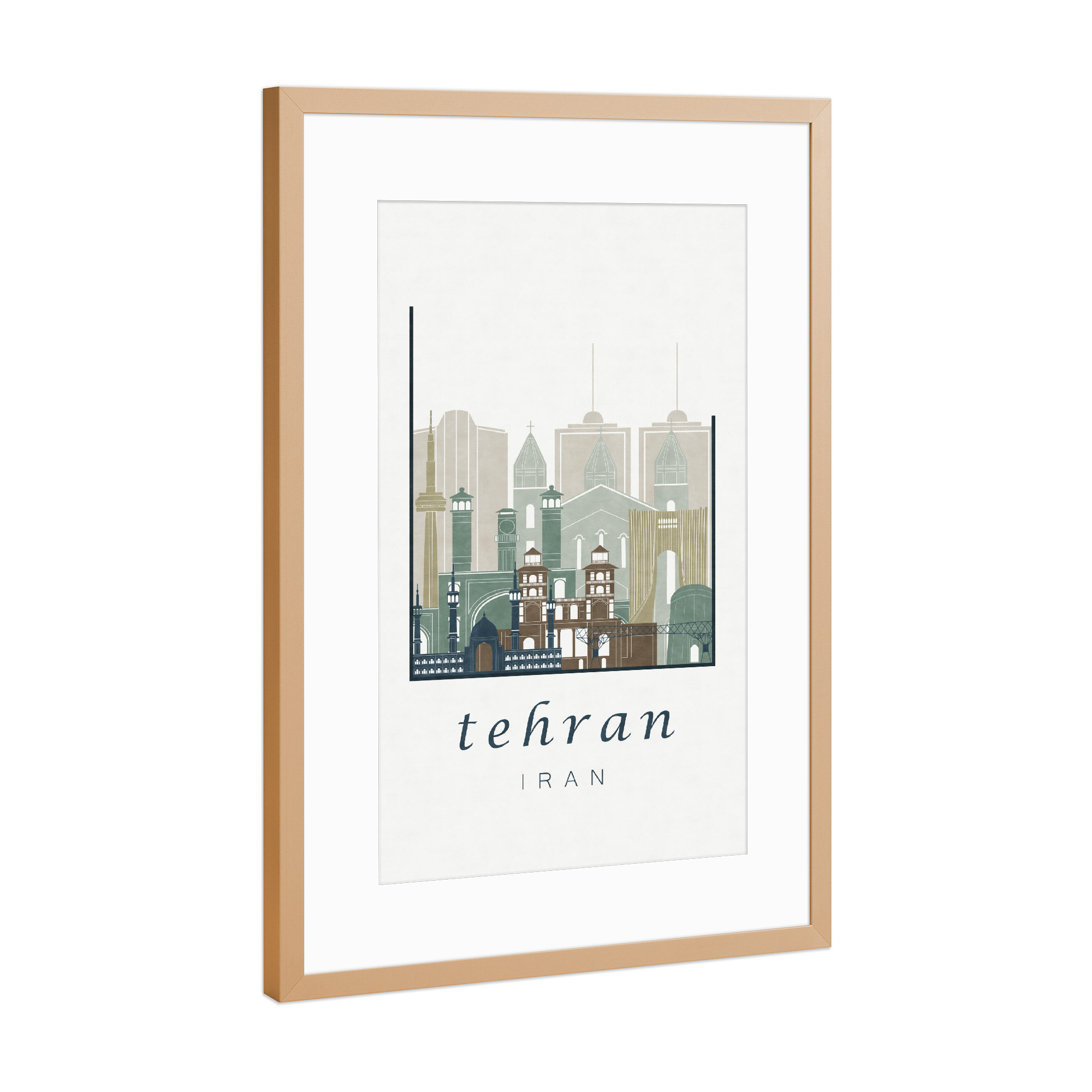 Poster mit Rahmen Kupfer "Tehran skyline light blue" artboxONE - Städte,Reise,Architektur,Kartografie