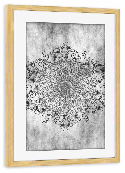 Poster mit Rahmen kiefer "Mandala Ashes" artboxONE - Abstrakt - Mandala,Yoga,Boho,Indian,Indie,Arabc,Grey,Nature,Ash