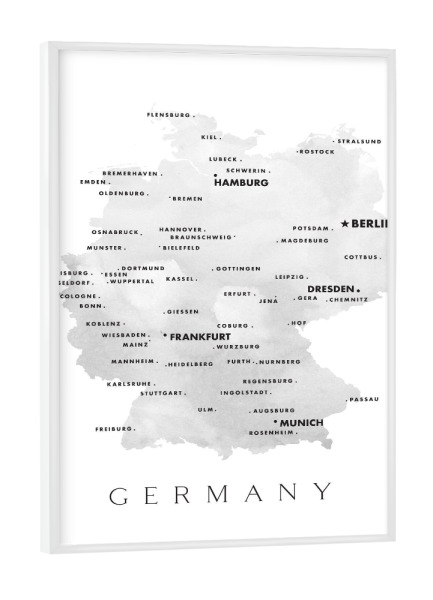 Poster mit weißem Rahmen "Map of Germany in English" artboxONE - Kartografie - Germany,Cities,Grey,Simple,Modern,Clean,Karte,Map,Deutschland