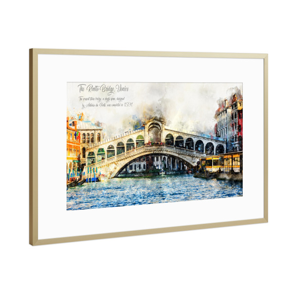 Poster mit Rahmen Gold "Rialto Brücke Venedig Aquarell" artboxONE - Reise,Architektur,Städte / Venedig