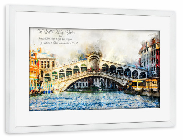 Poster mit Rahmen weiß "Rialto Brücke Venedig Aquarell" artboxONE - Reise,Architektur,Städte / Venedig