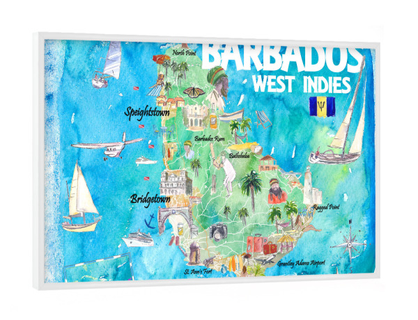 Poster mit weißem Rahmen "Barbados Illustrierte Karte" artboxONE - Reise,Reise / Strand und Meer,Kartografie