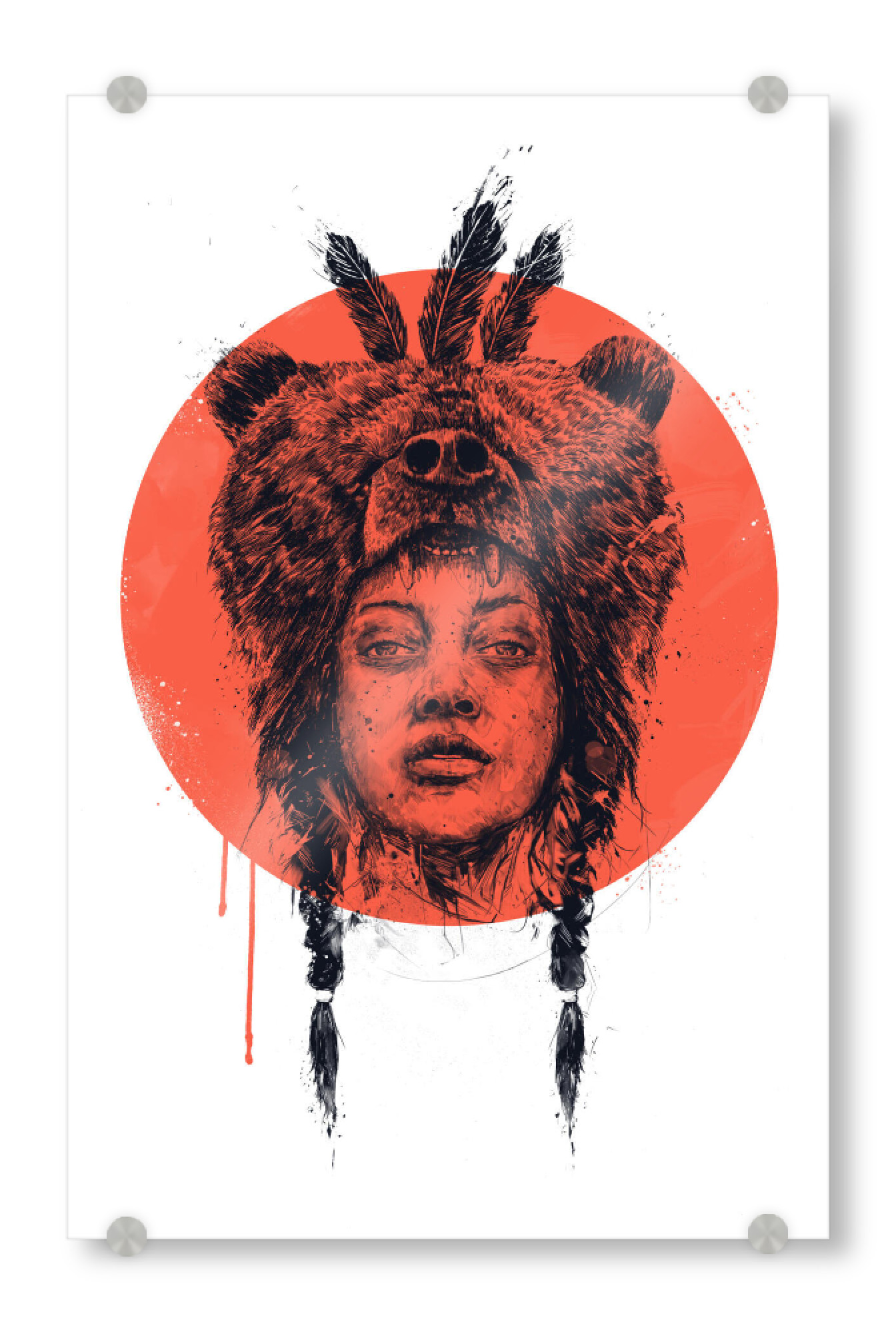 Acrylglasbild "Shaman" artboxONE - Menschen - Girl,Girlpower,Native,Drawing,Ink,Circle,Geometric,Portrait,Bear,Hat
