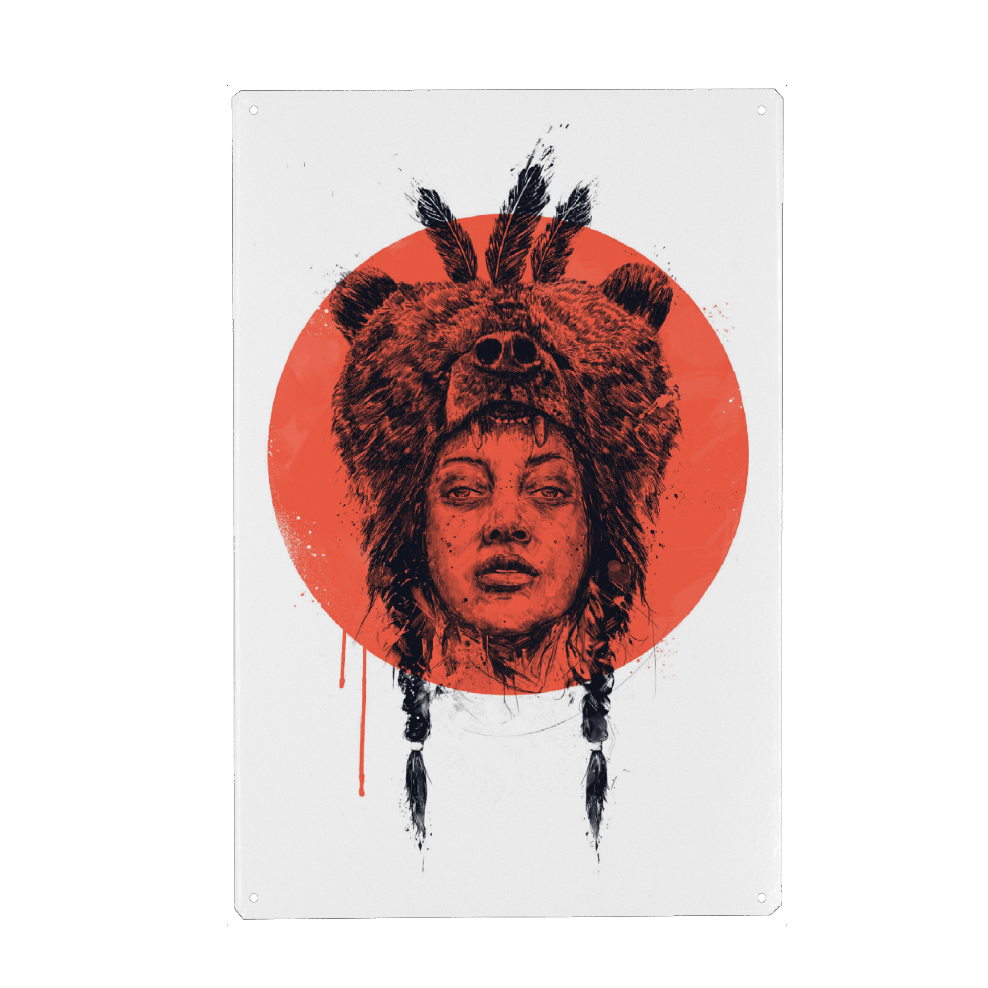 Metall Poster "Shaman" artboxONE - Menschen - Girl,Girlpower,Native,Drawing,Ink,Circle,Geometric,Portrait,Bear,Hat - Blechschild