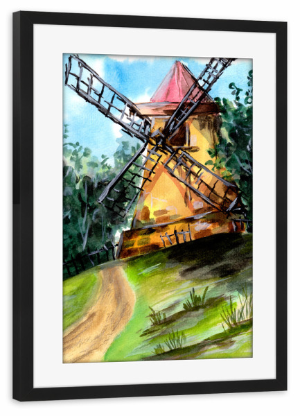 Poster mit Rahmen schwarz "Old Windmill on the Hill" artboxONE - Natur,Architektur
