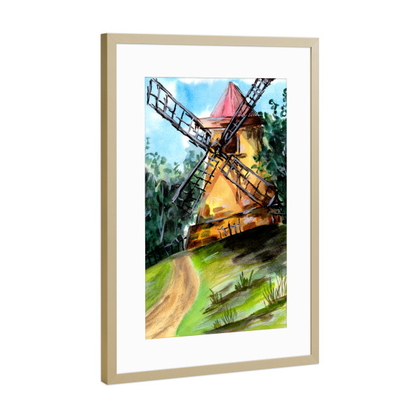 Poster mit Rahmen Gold "Old Windmill on the Hill" artboxONE - Natur,Architektur
