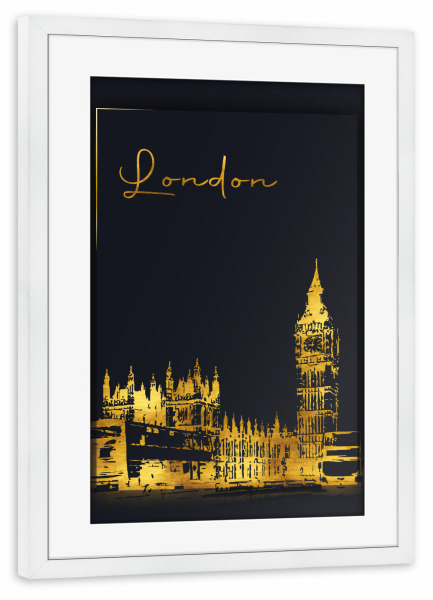 Poster mit Rahmen weiß "London in Gold Big Ben" artboxONE - Städte,Städte / London,Architektur