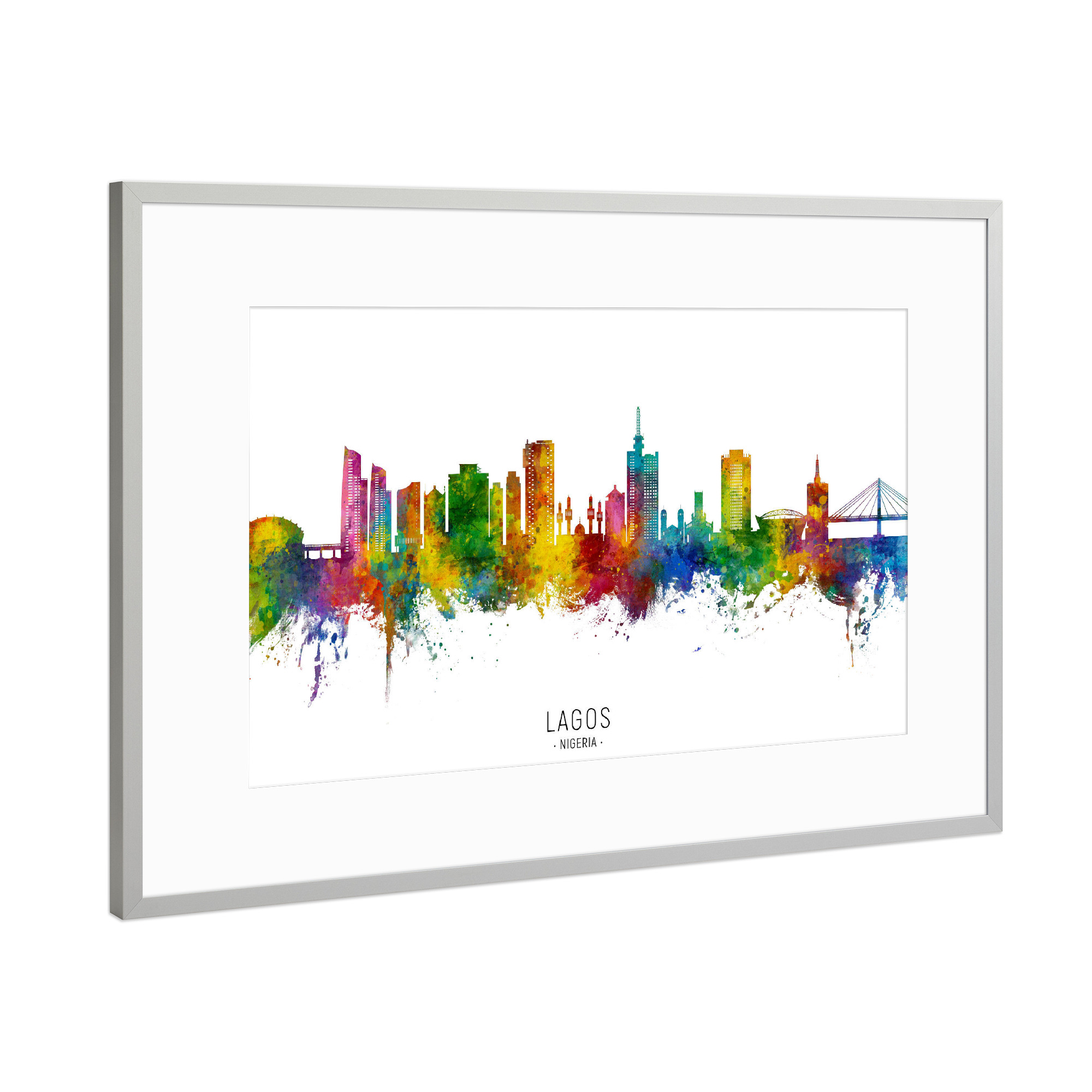 Poster mit Rahmen Silber "Lagos Nigeria Skyline txt" artboxONE - Städte