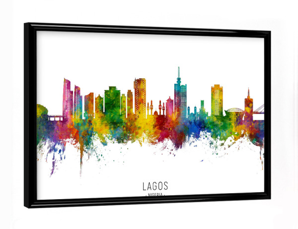 Poster mit schwarzem Rahmen "Lagos Nigeria Skyline txt" artboxONE - Städte