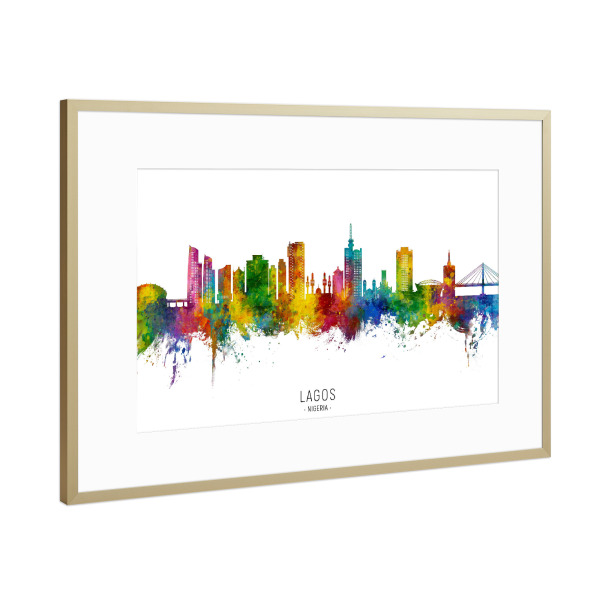 Poster mit Rahmen Gold "Lagos Nigeria Skyline txt" artboxONE - Städte