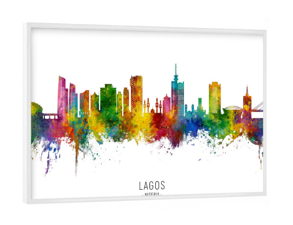 Poster mit weißem Rahmen "Lagos Nigeria Skyline txt" artboxONE - Städte