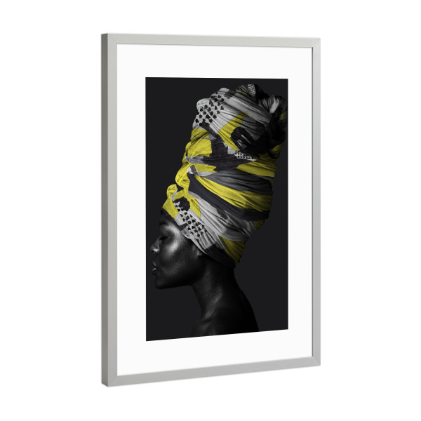 Poster mit Rahmen Silber "Woman Turban Yellow Black" artboxONE - Menschen - Pantone 2021,Woman,Frau,Female,Portrait,Turban,Girl