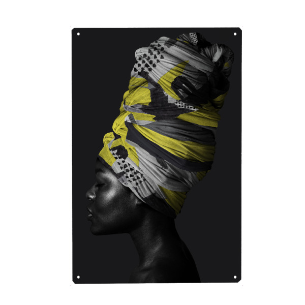 Metall Poster "Woman Turban Yellow Black" artboxONE - Menschen - Pantone 2021,Woman,Frau,Female,Portrait,Turban,Girl - Blechschild