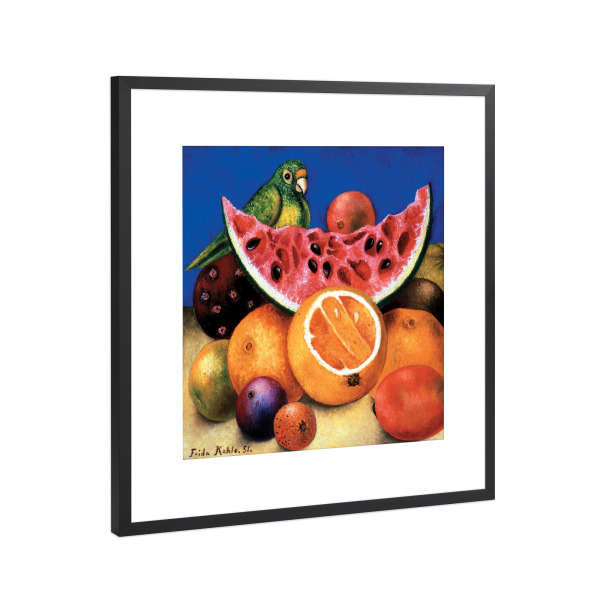 Poster mit Rahmen Schwarz (Metallic) "Stillleben - Papagei und Früchten" artboxONE - Tiere,Essen & Trinken,Essen & Trinken / Obst & Gemüse