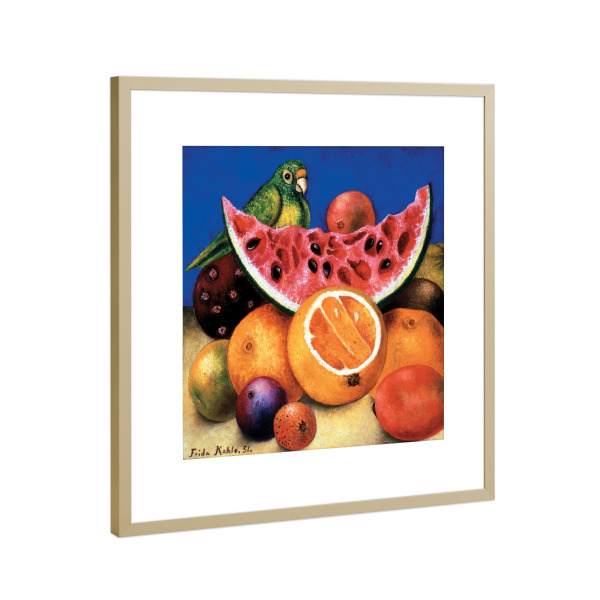 Poster mit Rahmen Gold "Stillleben - Papagei und Früchten" artboxONE - Tiere,Essen & Trinken,Essen & Trinken / Obst & Gemüse