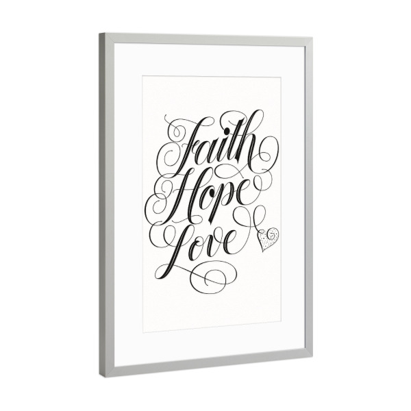 Poster mit Rahmen Silber "Faith. Hope. Love" artboxONE - Typografie,Liebe