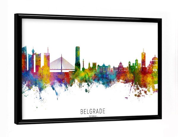 Poster mit schwarzem Rahmen "Belgrade Serbia Skyline txt" artboxONE - Städte