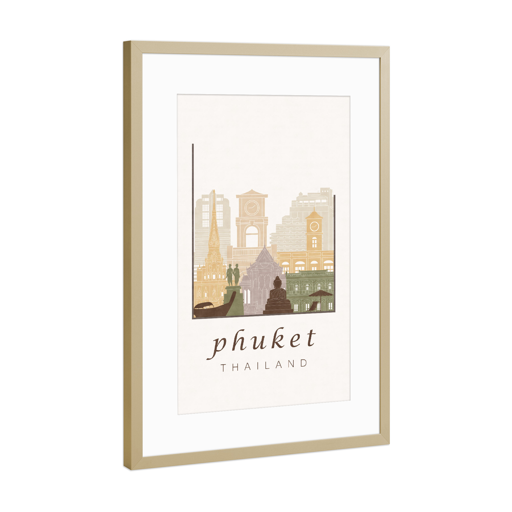 Poster mit Rahmen Gold "Phuket skyline rustic" artboxONE - Städte,Reise,Architektur,Kartografie