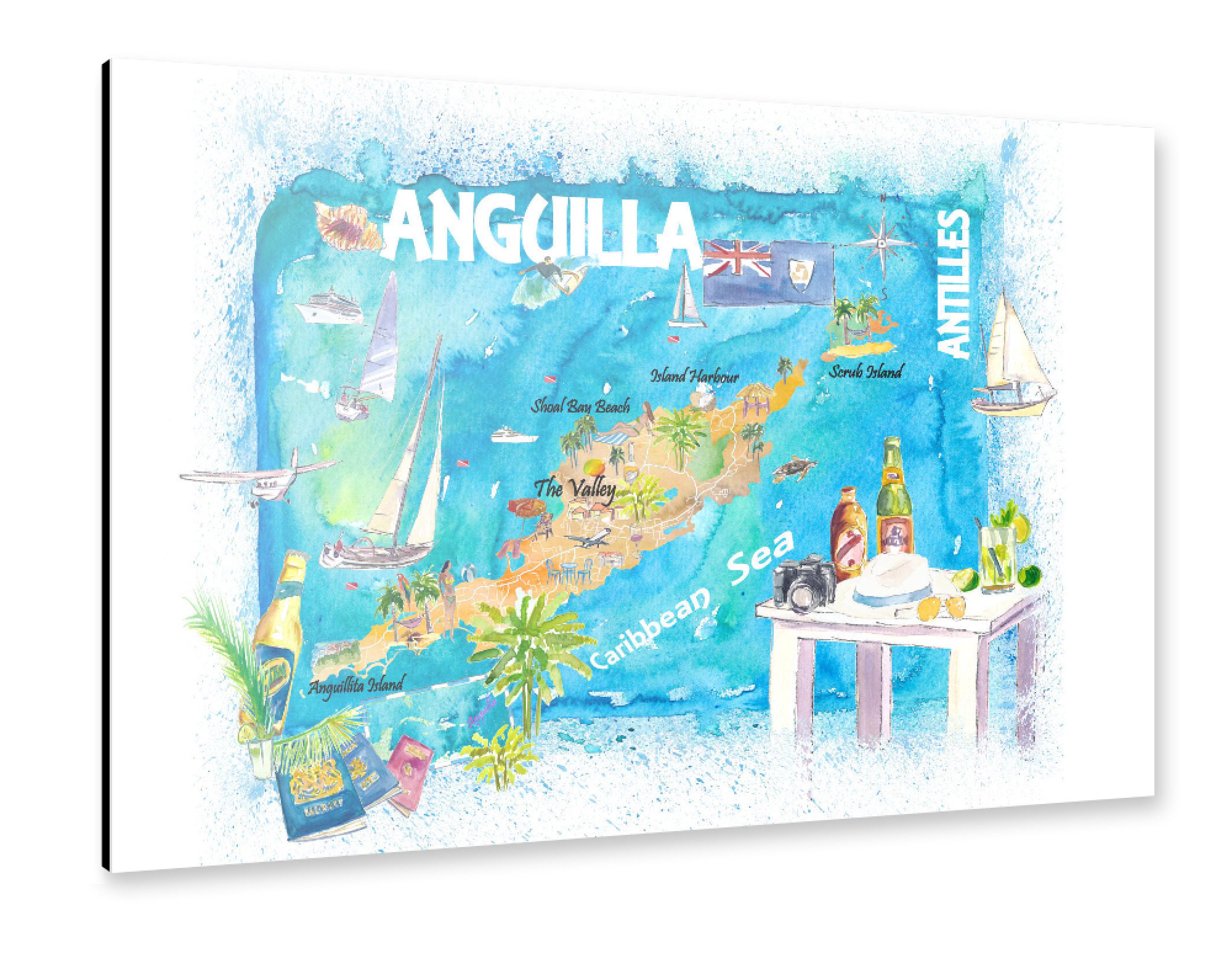 Alu-Dibond "Anguilla Illustrierte Karte" 75x50 cm artboxONE