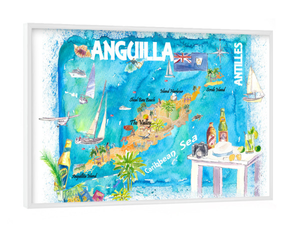Poster mit weißem Rahmen "Anguilla Illustrierte Karte" artboxONE - Reise,Reise / Länder,Kartografie