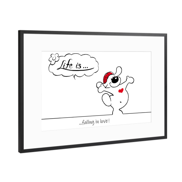 Poster mit Rahmen Schwarz (Metallic) "Life is... falling in love" artboxONE - Typografie,Tiere,Comic,Lustig