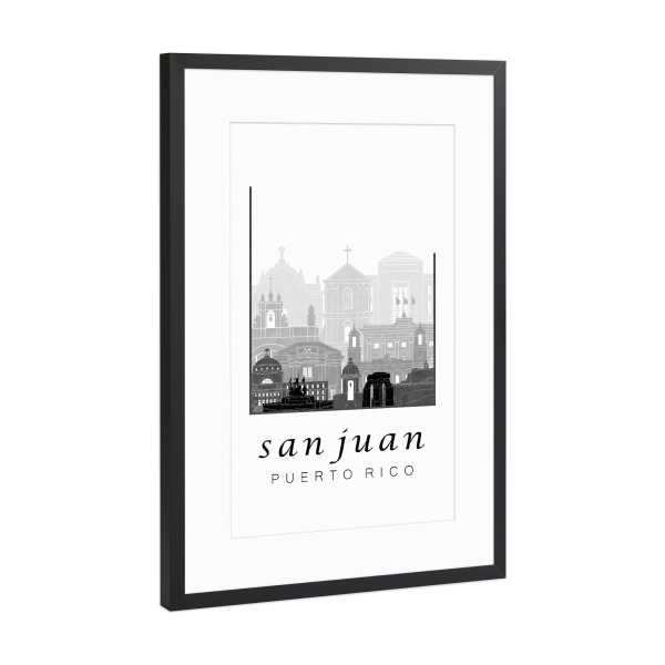 Poster mit Rahmen Schwarz (Metallic) "San Juan skyline black & white" artboxONE - Städte,Reise,Architektur,Kartografie
