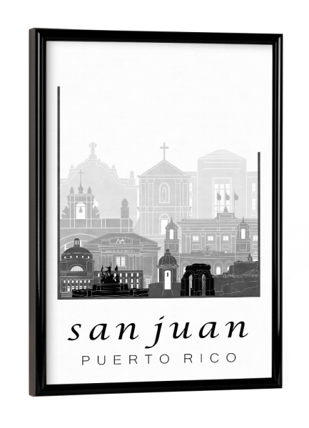 Poster mit schwarzem Rahmen "San Juan skyline black & white" artboxONE - Städte,Reise,Architektur,Kartografie