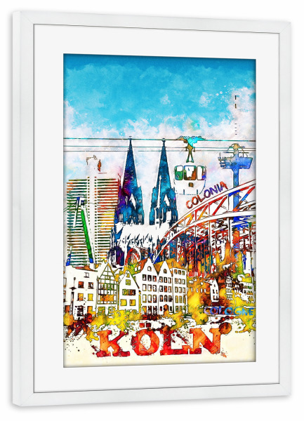 Poster mit Rahmen weiß "Köln als Collage in bunt" artboxONE - Städte / Köln,Architektur